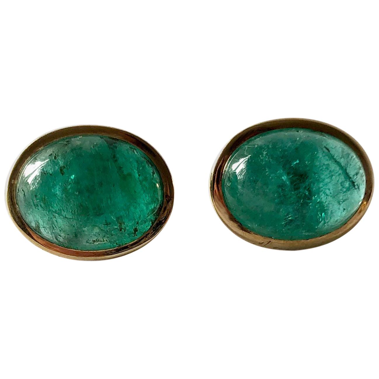 1950s Gold Oval Emerald Cabochon Pierced Earrings