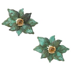 18 Carat Yellow Gold Vermeil, Verdigris Brass and Citrine Leaf Flower Earrings