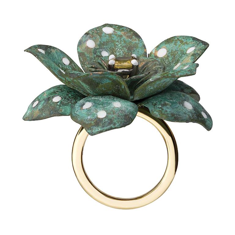 18 Carat Yellow Gold, Verdigris Brass, Rhodium, Enamel and Sapphire Flower Ring For Sale