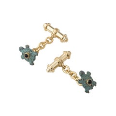 18 Carat Yellow Gold Vermeil, Verdigris Brass and Onyx Turtle Cufflinks