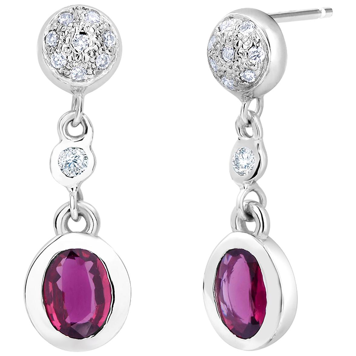 Oval Ruby and Diamond Bezel Set Gold Drop Earrings