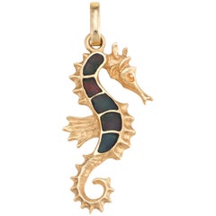 Vintage Seahorse Pendant 14 Karat Gold Black Opal Inlay Estate Fine Jewelry