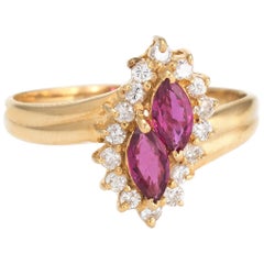 Vintage Ruby Diamond Ring 18 Karat Gold Small Cocktail Marquise Estate Jewelry