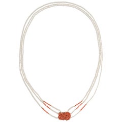 Vintage Carved Coral Necklace Freshwater Pearls 14 Karat Gold Long Flower Strand