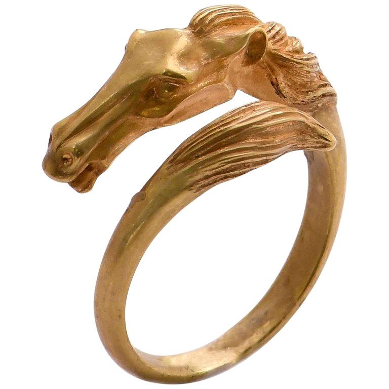 Art Nouveau Style 18 Karat Gold Horse Head Crossover Ring