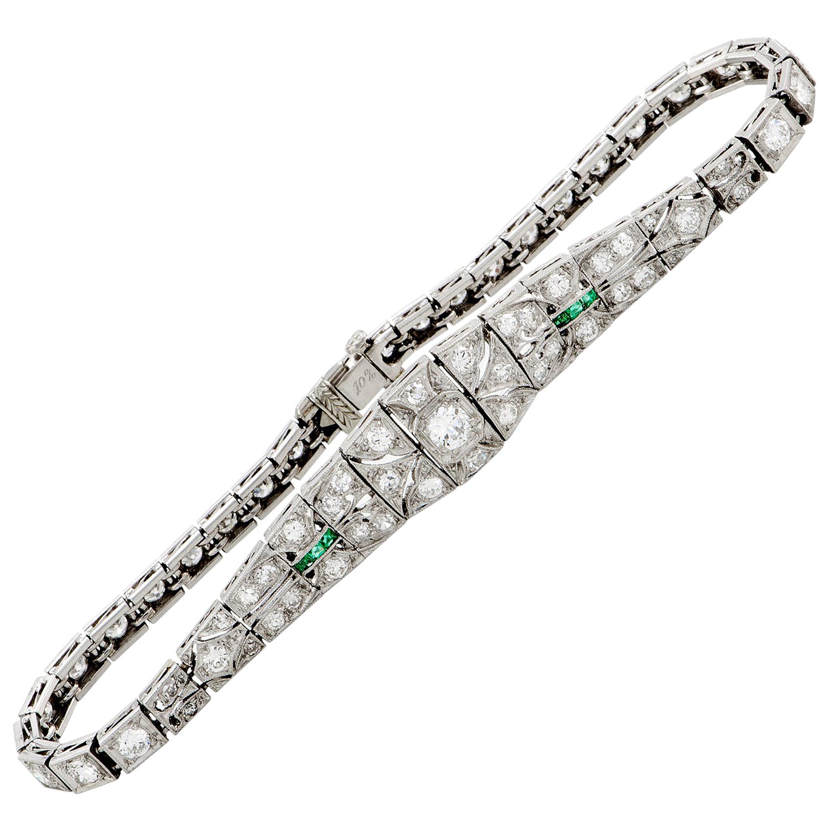 Diamond Pave and Emerald Art Deco Platinum Bracelet