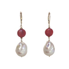 Marina J. Round Coral & White Pearl Earrings with 14 Karat Yellow Gold Hooks