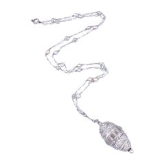 Art Deco Platinum Diamond Natural Pearl Watch Pendant Necklace