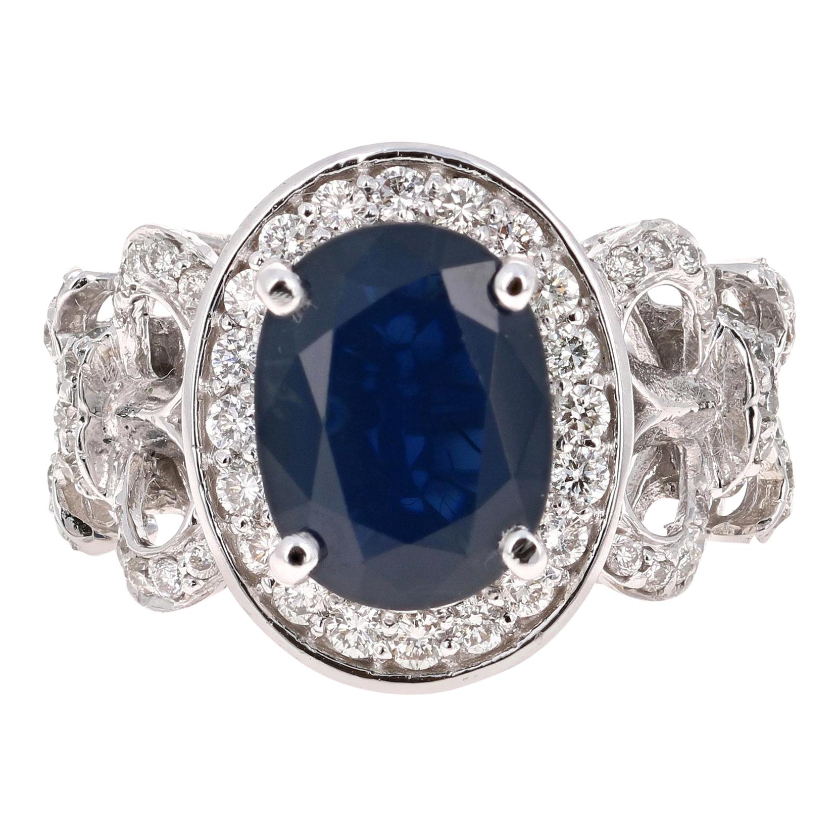 4.53 Carat Blue Sapphire Diamond 14 Karat White Gold Ring For Sale