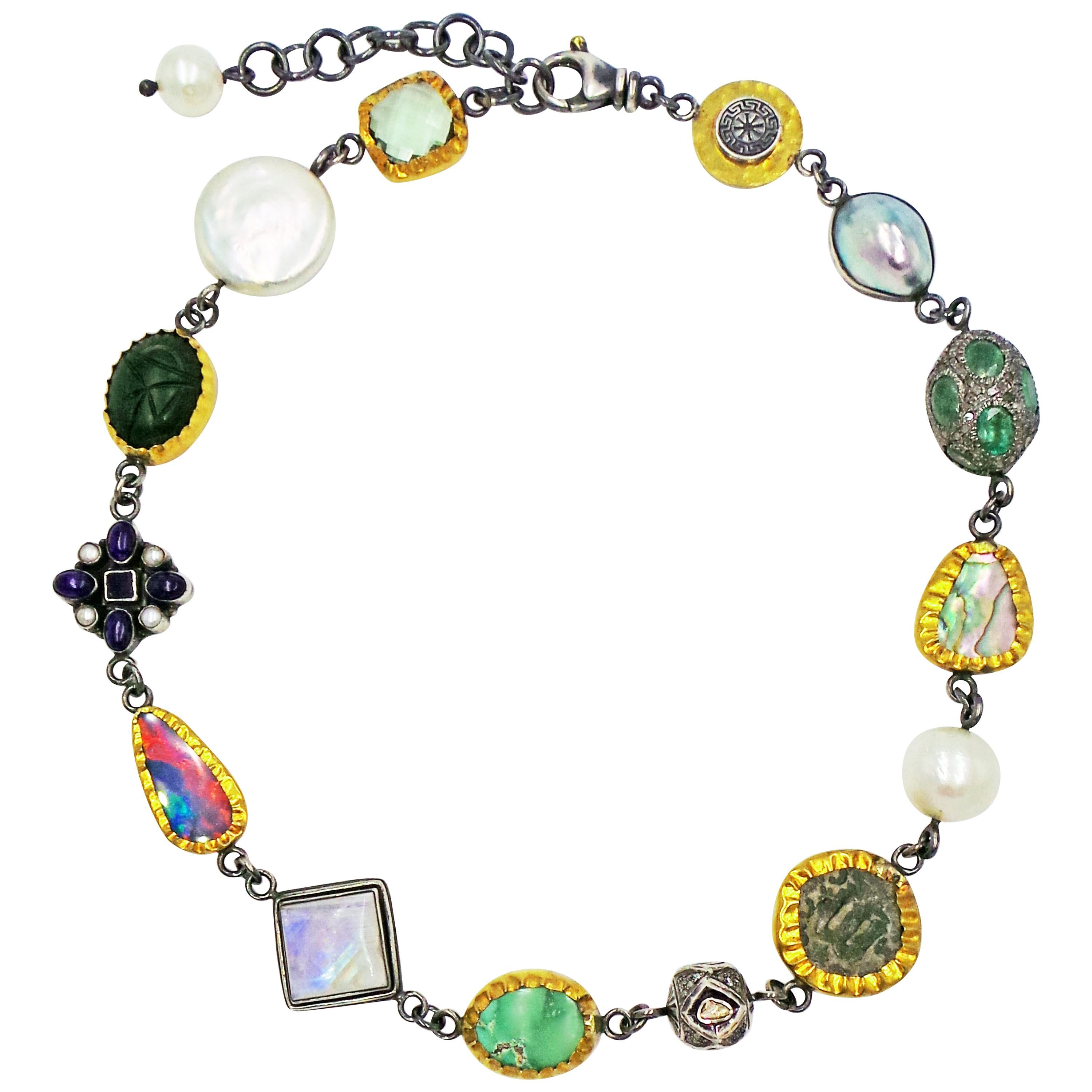Multi-Gemstone and Ancient Coin Two-Tone Bohemian Necklace