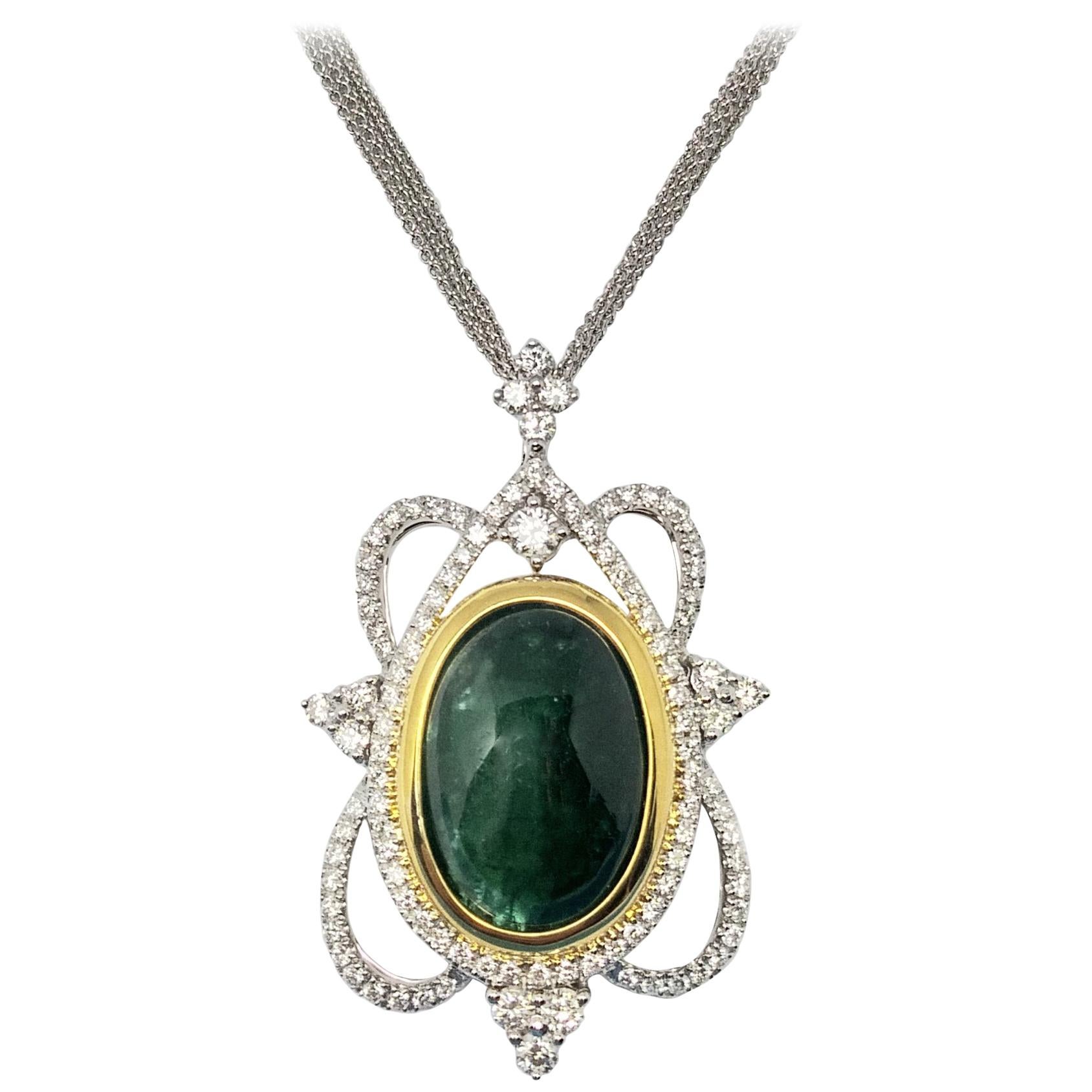 Hunter Green Cabochon Emerald White Gold Pendant Necklace For Sale