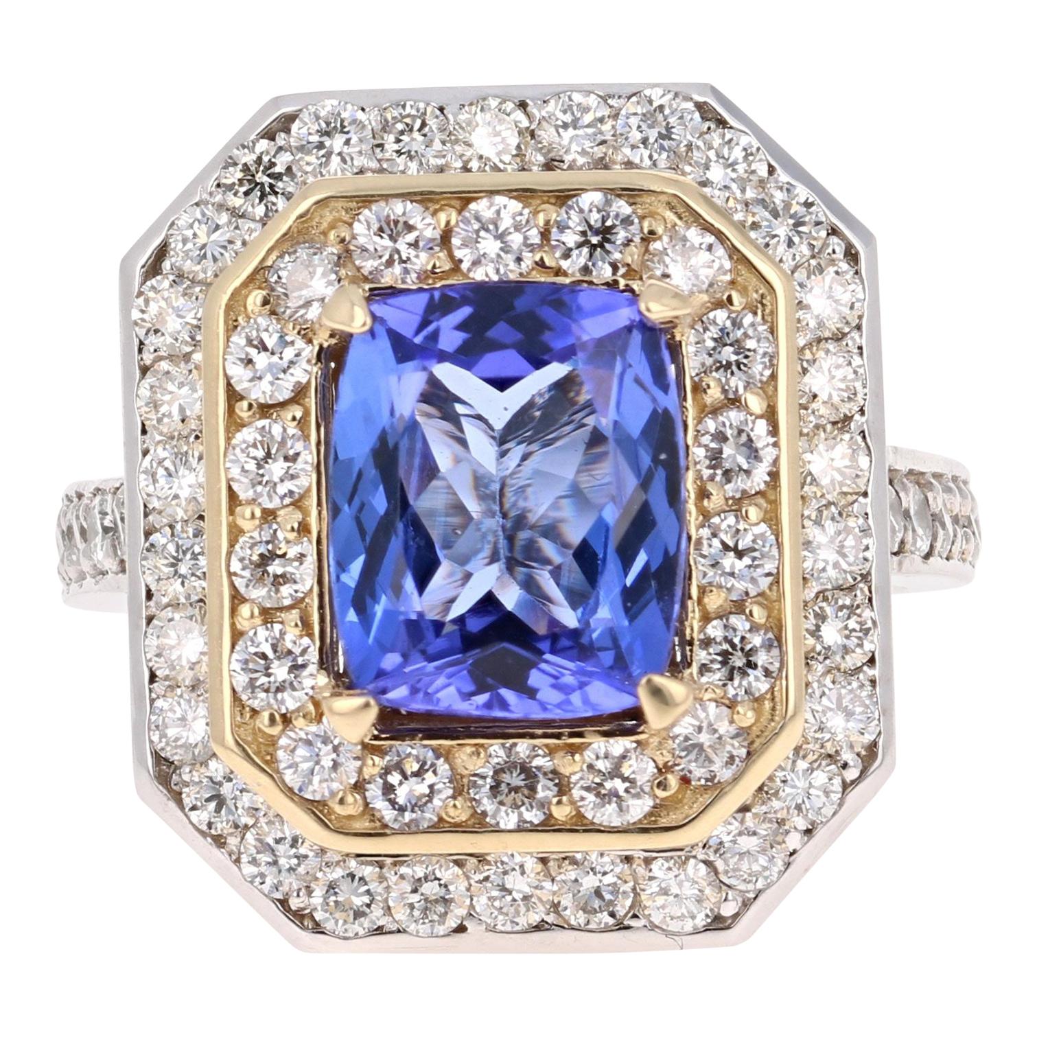 Anillo de cóctel de oro blanco y amarillo de 14 quilates con diamante tanzanita de 4,46 quilates
