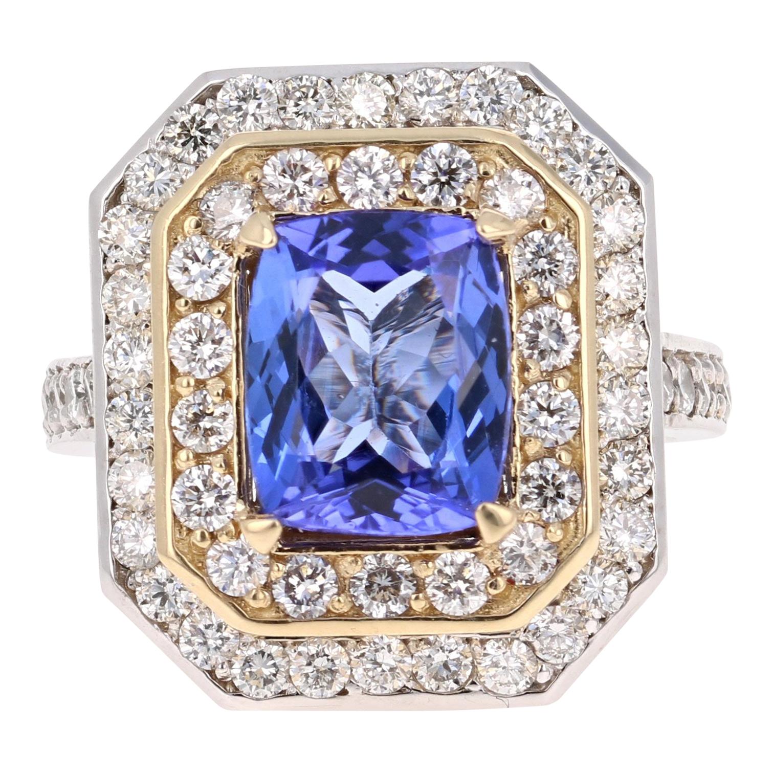 4.46 Carat Tanzanite Diamond 14 Karat White and Yellow Gold Cocktail Ring