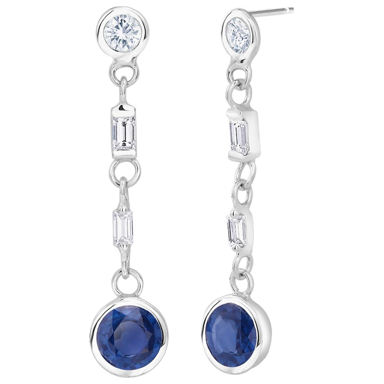 Round Sapphire and Baguette Diamond Gold Earrings Weighing 2.30 Carat