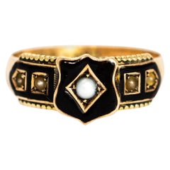 Victorian Enamel and Pearl 9 Carat Gold Mourning Ring