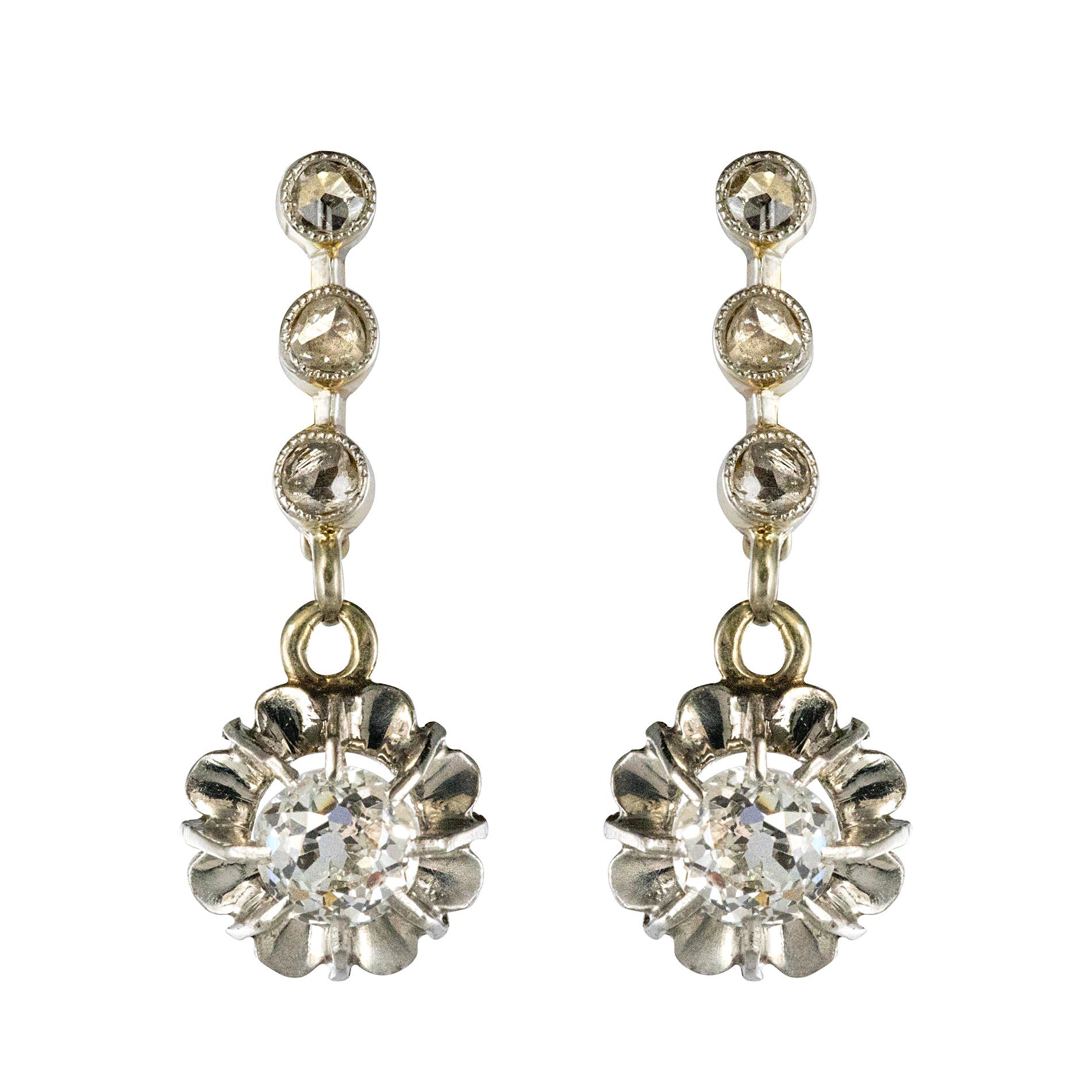 French 1900s Belle Époque Yellow Gold Diamond Dangle Earrings