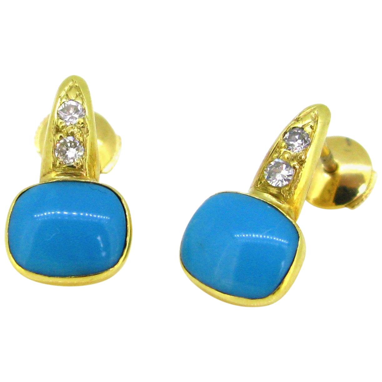 Natural Turquoise and Diamonds Yellow Gold Studs Earrings