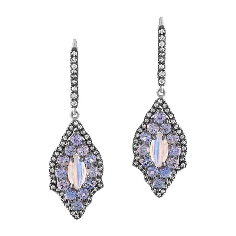 Rainbow Moonstone and Denim Blue Sapphire Earrings in 18 Karat Gold Diamonds