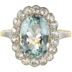 Antique 1920s 5.19 Carats Aquamarine Diamond Platinum Yellow Gold Pompadour Ring
