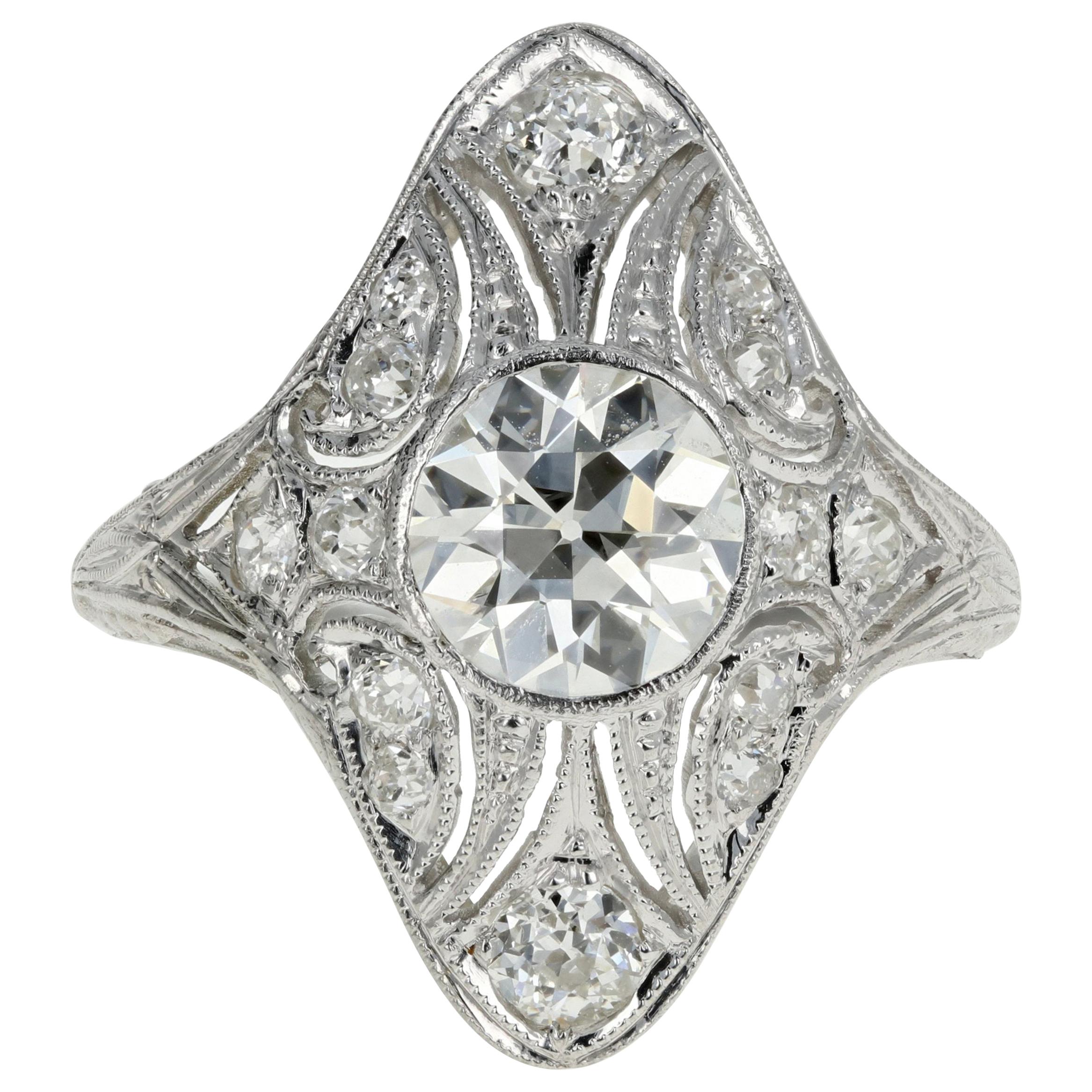 Art Deco Platinum 1.15 Carat Old European Cut Diamond Ring GIA Certified For Sale