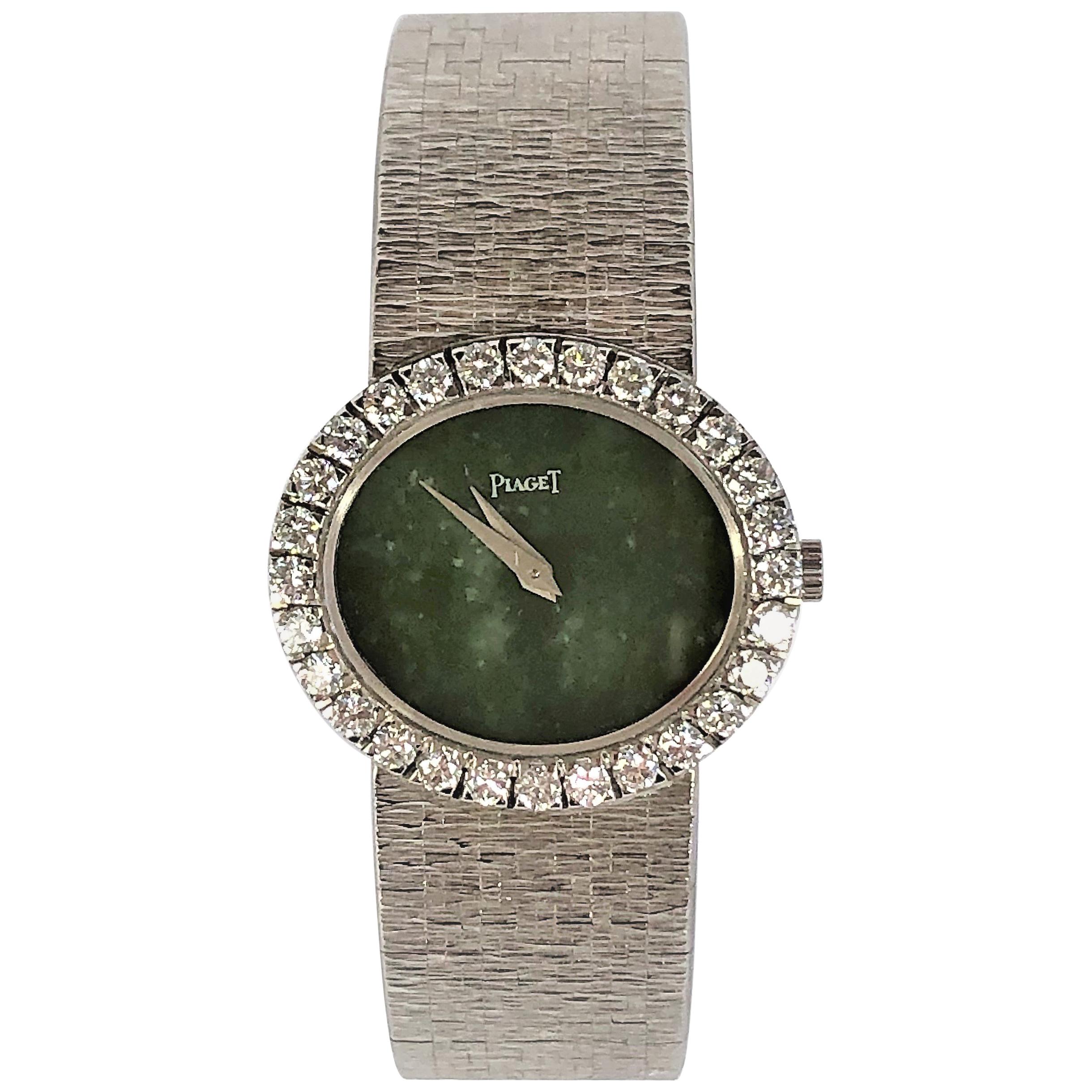 Ladies White Gold Piaget Watch with Oval Shaped Jade Dial and Diamond Bezel