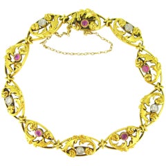Antique French Art Nouveau Ruby Diamond Yellow Gold Link Bracelet