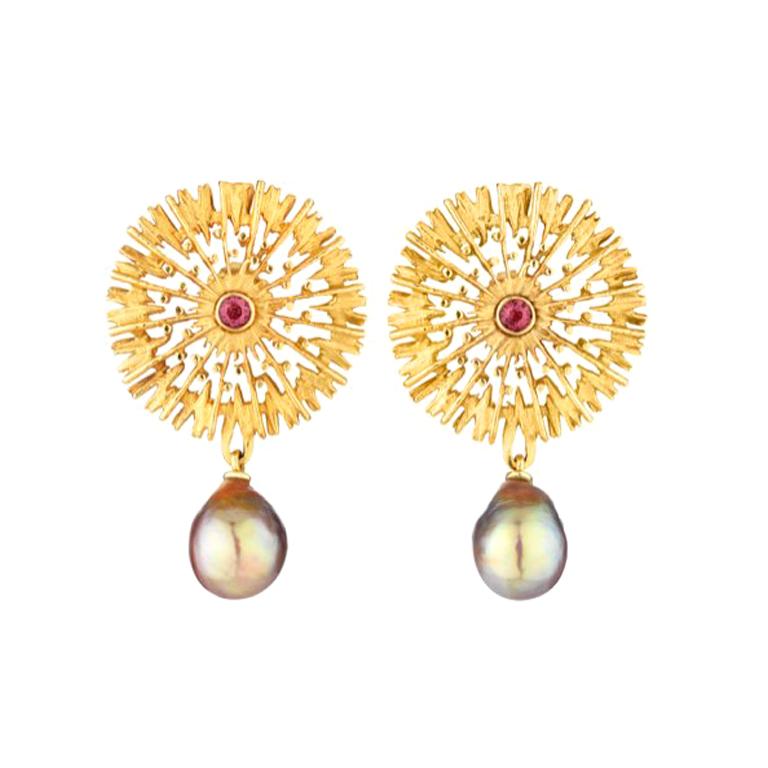 Vermeil Earrings with Pink Garnet Centres and Freshwater Pearl Drops