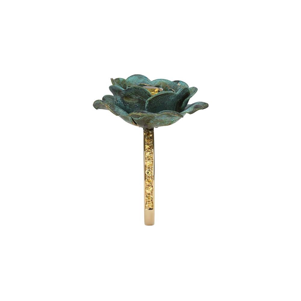 18ct Yellow Gold, Verdigris Brass, Rhodium and Yellow Sapphire Rose Flower Ring For Sale