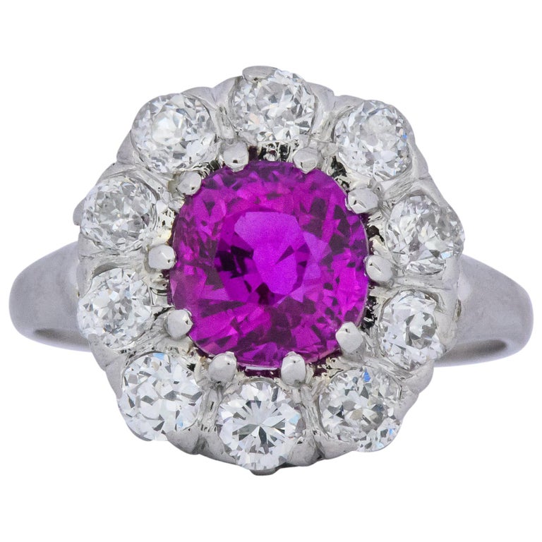 1950s 3.84 Carat Ceylon Pink Sapphire Diamond Platinum Cluster Ring GIA ...