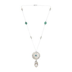 Etoilé Pendant with Blue Topaz Centre and Baroque Pearl Drop on a Silver Chain