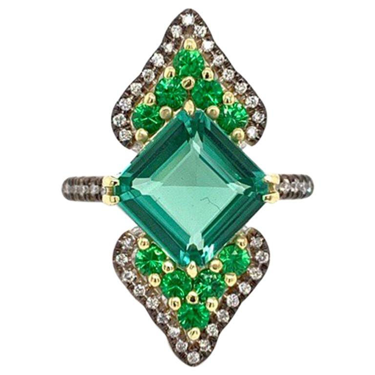 Blue Green Tourmaline and Tsavorite Ring in 18 Karat Gold with Diamond Accent For Sale