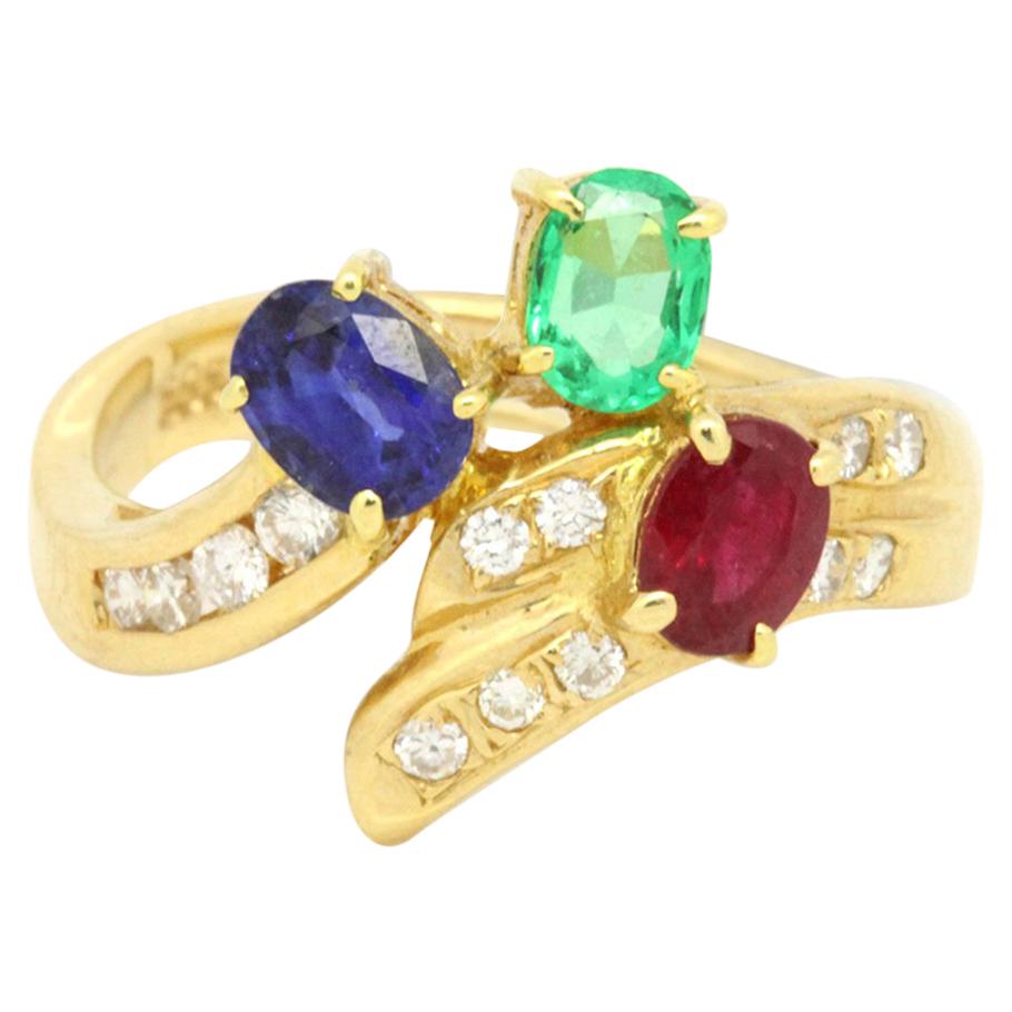 14 Karat Yellow Gold 1.24 Carat Sapphire, Emerald, Ruby and Diamond Ring For Sale