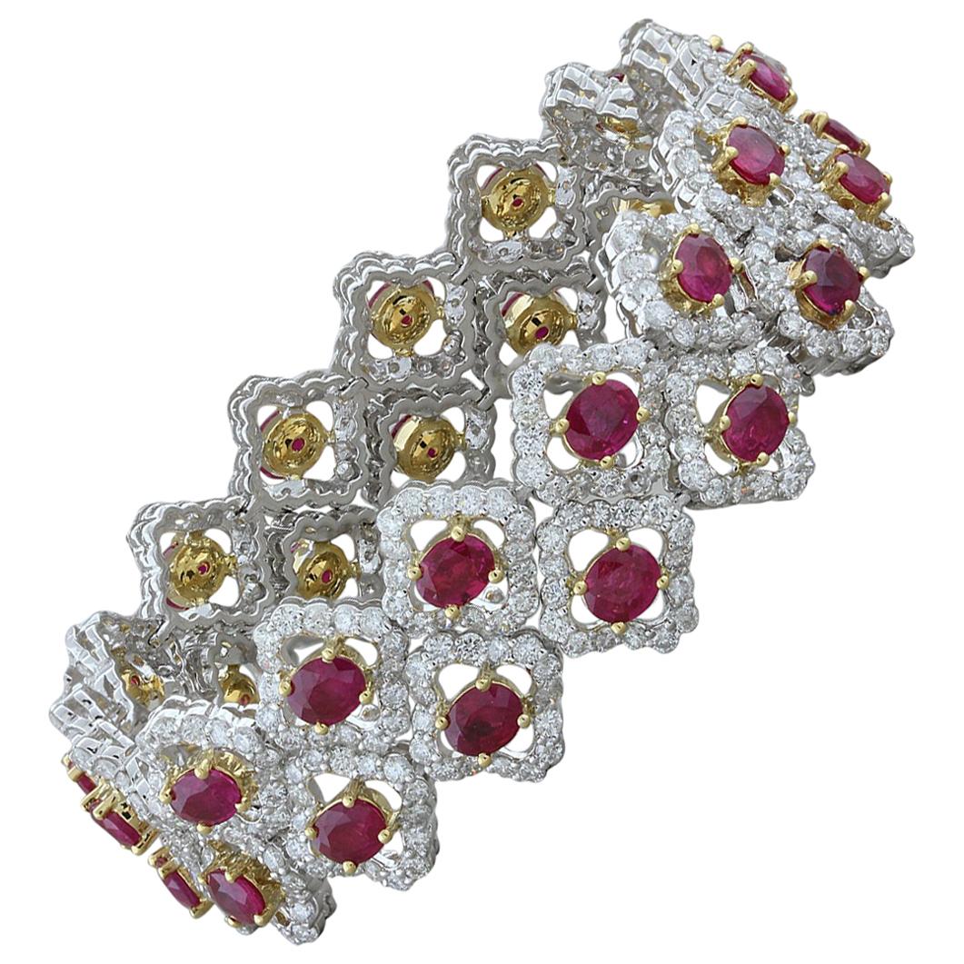 Bracelet en or bicolore à double rangée de diamants et rubis