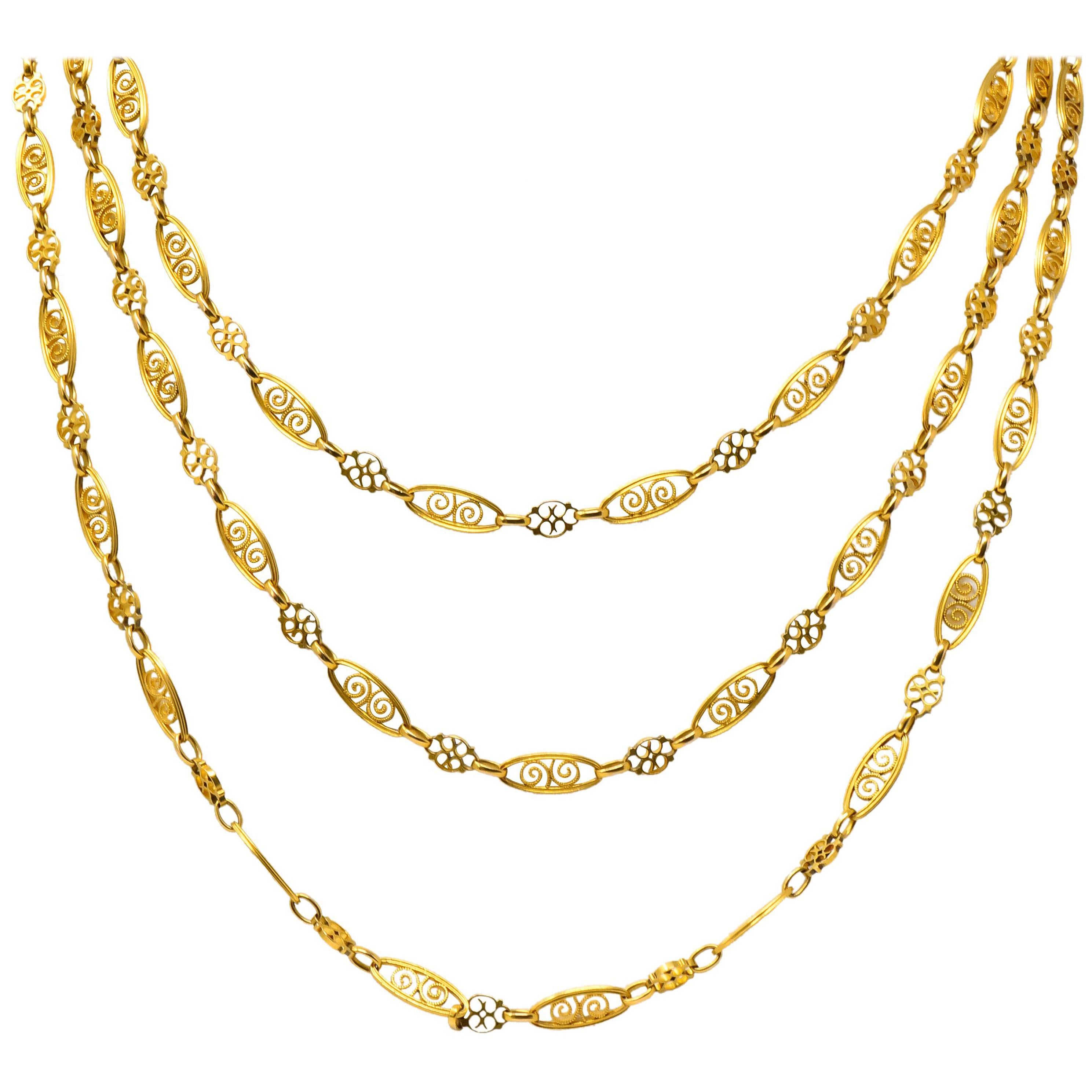 French Victorian 18 Karat Gold Fancy Long Chain Necklace
