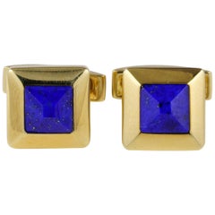 Stylish Retro Carved Lapis Gent Cuff Links 16.8 Gr. Massive 18 Karat Gold