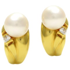 100% Authentic Mikimoto Solid 18 Karat Yellow Gold Pearl and Diamond Earrings