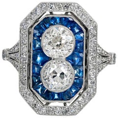 Art Deco Style Double Diamond and Sapphire Plaque Ring