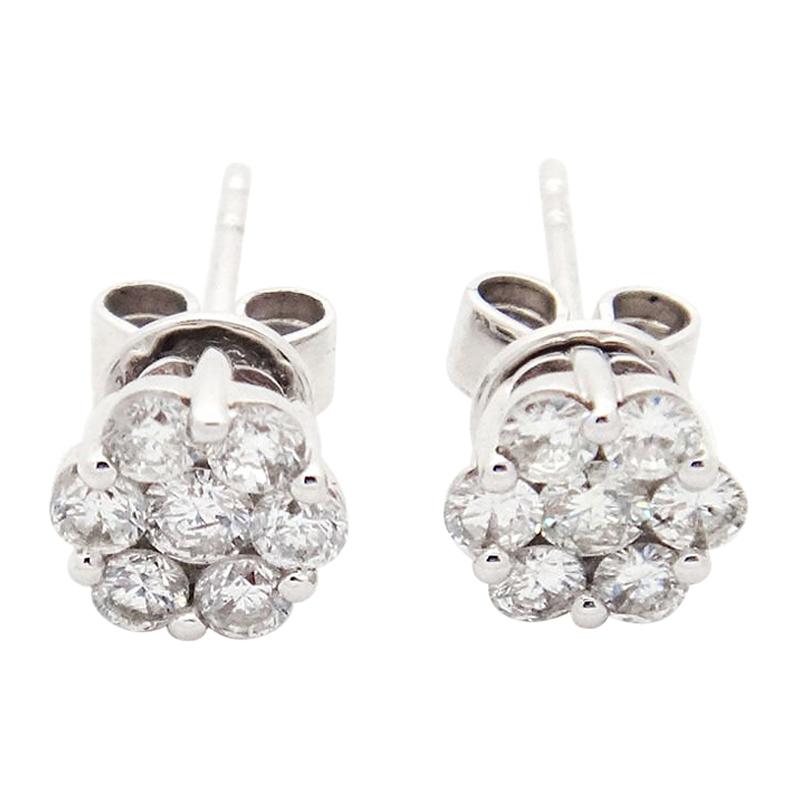 14 Karat White Gold 0.62 Carat Flower Cluster Diamond Stud Earrings For Sale