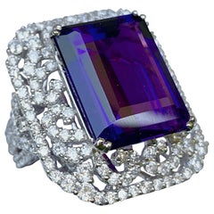 Stunning Large Emerald Cut Siberian Amethyst Diamond Ring in 18 Karat White Gold