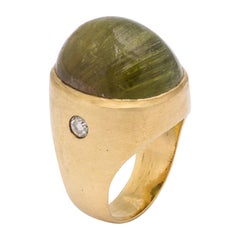 1960s Unique Cat's Eye Tourmaline with Diamonds Unisex Gold Ring