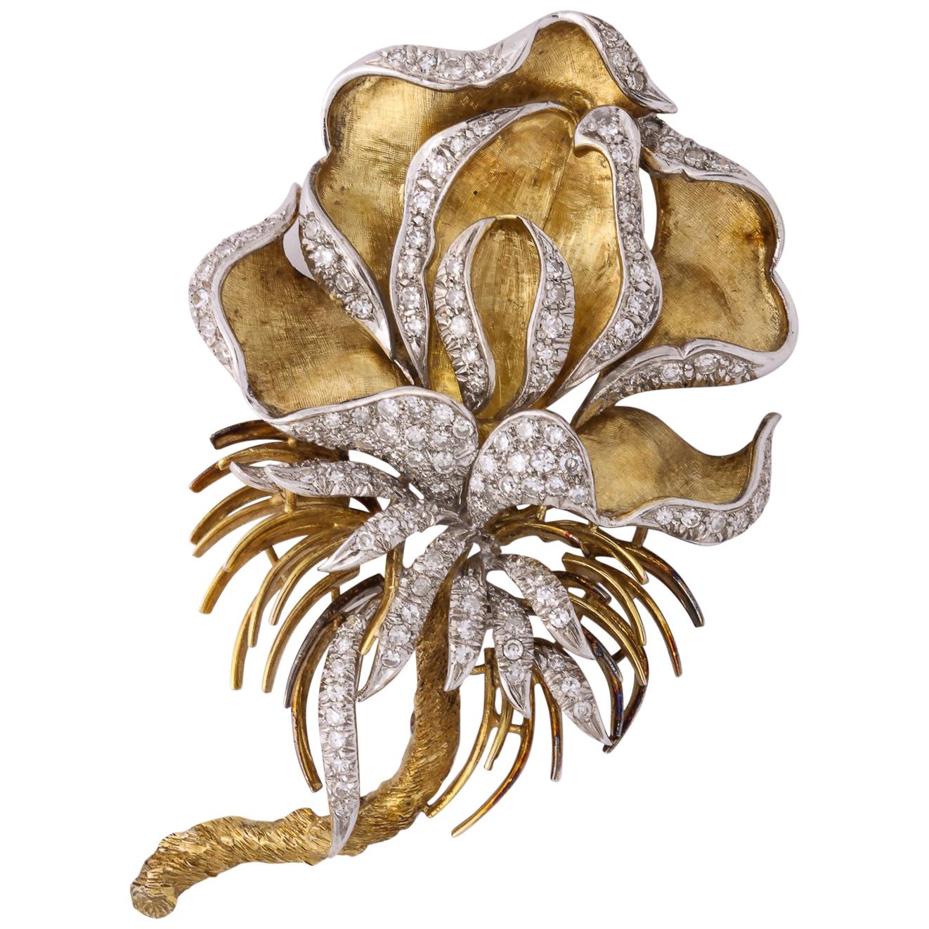1960s Florentine Large Orchid Flower Diamond and Gold Brooch