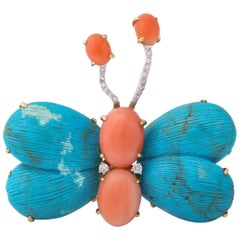 1960s Figural Butterfly Turquoise and Coral and Diamonds Gold Double Clip Brooch