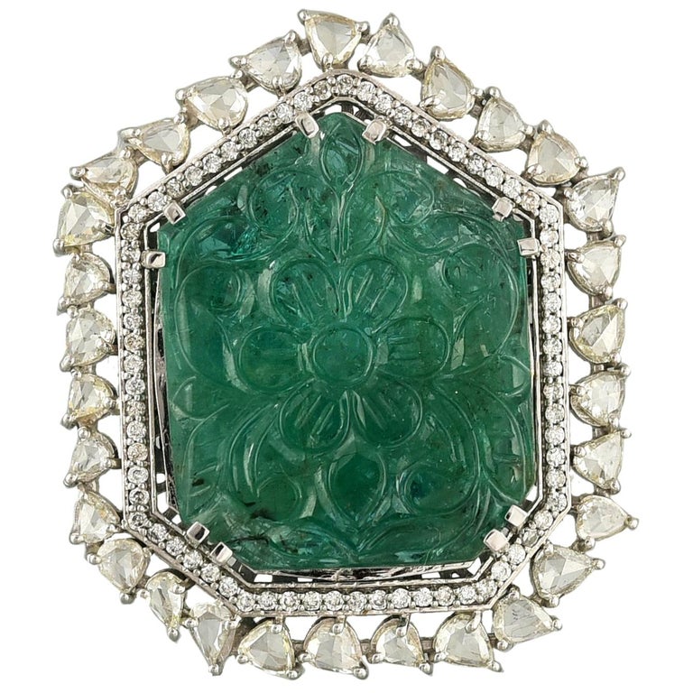 Set in 18 Karat Gold, Carved Zambian Emerald and Rose Cut Diamond ...