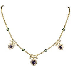 Antique Edwardian Suffragette Necklace Amethyst Heart Droppers 18 Carat Gold