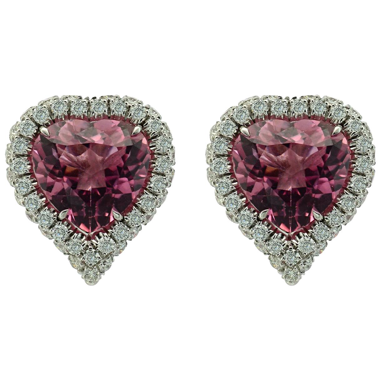 Orecchini unici a forma di cuore con tormalina rosa e diamante in oro bianco 18KT