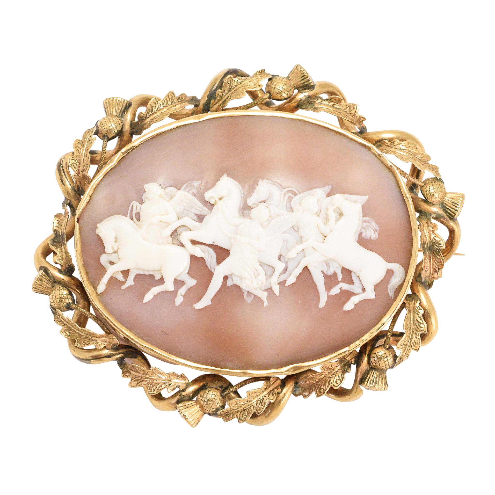 Antique Victorian "Hours Leading the Horses of the Sun" Shell Cameo Brooch