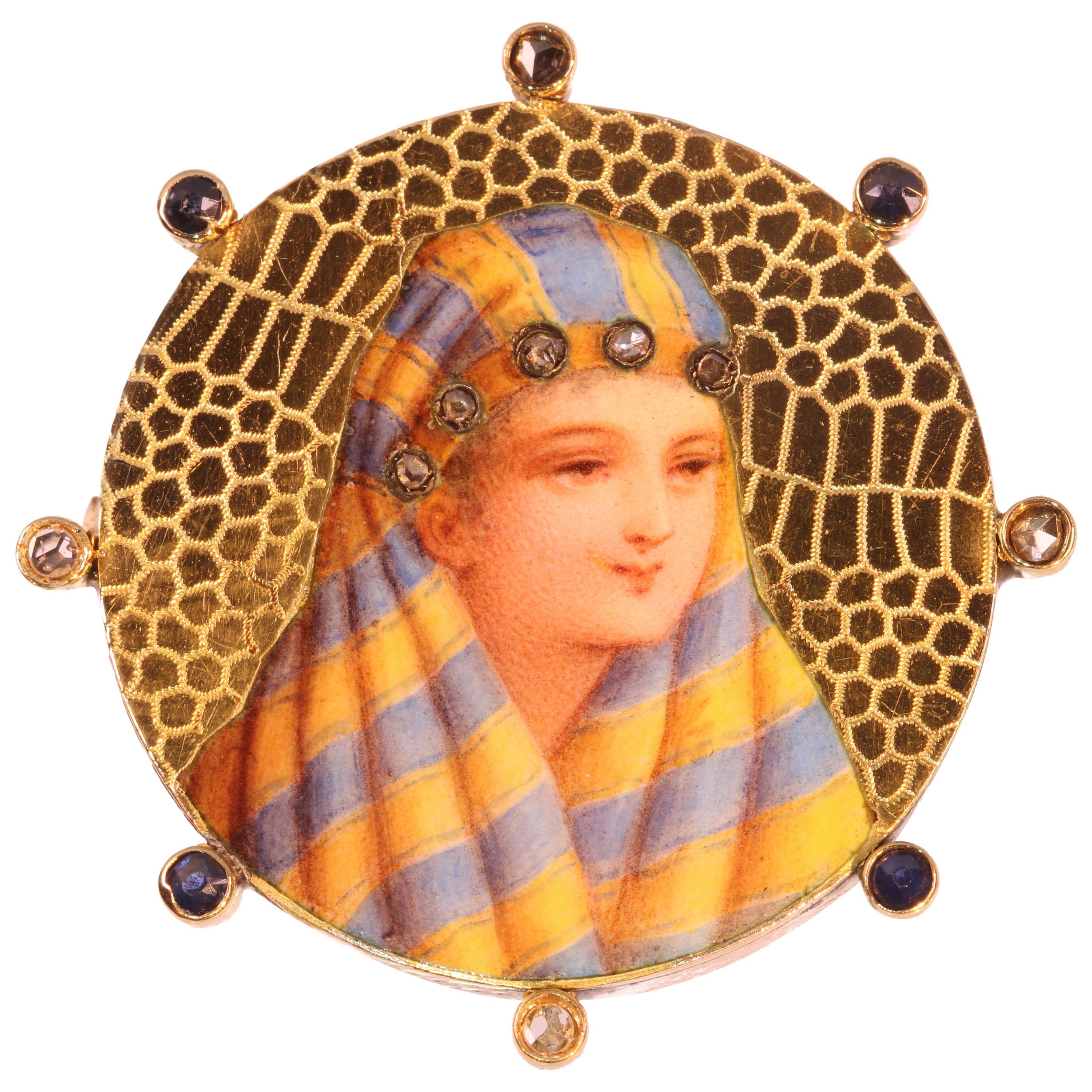 Typical Late 19th Century Gold Enameled Brooch with Bedouin Woman For Sale