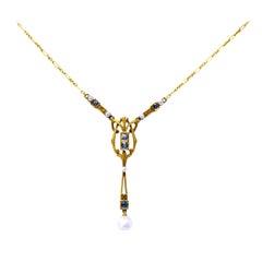 Krementz Art Nouveau 1.34 Carat Sapphire Pearl 14 Karat Gold Necklace
