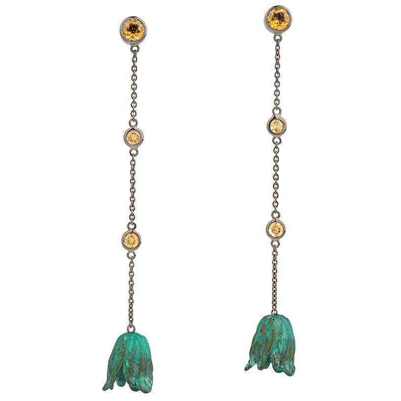 Sterling Silver, Rhodium, Verdigris Brass and Citrine Chain Drop Earrings For Sale