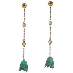 Sterling Silver, Rhodium, Verdigris Brass and Citrine Chain Drop Earrings
